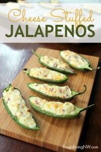 cheese stuffed jalapenos on a wooden cutting board with the title above it