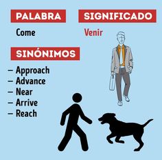 a man walking next to a dog in front of a blue background with spanish words