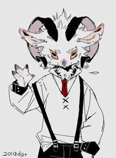 a drawing of a cat wearing suspenders and a tie with his hands on his hips