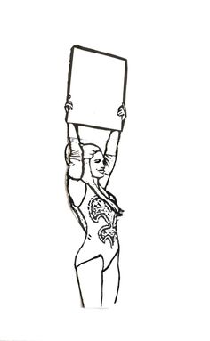 a drawing of a woman holding up a sign above her head with one hand and the other in the air