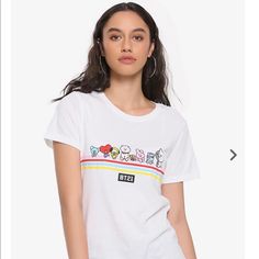 Bt21 Shirt In White, I Bought This From Hot Topic, Size L, Excellent Condition (Never Worn), A Bit See Through, I’ll Include Bts Freebies If You’d Like :) Just Lmk!! Concert Preparation, Bt21 Shirt, Marvel Cosplay Girls, Bday Wish List, Itunes Gift Card, Shoulder Tattoos For Women, Bts Merch, Girls T Shirt, Horizontal Stripes