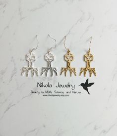 "Phage Earrings in Gold or Silver Show off your love for Science with this beautiful silver phage Earrings. A bacteriophage, also known informally as a phage, is a virus that infects and replicates within a bacterium. The term was derived from \"bacteria\" and the Greek: φαγεῖν, \"to devour\". Purchase includes a natural jewelry box and gift packaging. Gift? Add-on a hummingbird card for only $7: https://www.etsy.com/listing/202506976/nikola-jewelry-hummingbird-card Matching Necklace: www.etsy.c Symbolic Nickel-free Plug Earrings For Gifts, Symbolic Nickel-free Plug Earrings As Gift, Hummingbird Card, Biology Jewelry, Science Teacher Gifts, Science Jewelry, Natural Jewelry, Packaging Gift, Science Teacher