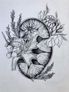 a black and white drawing of flowers in a circle