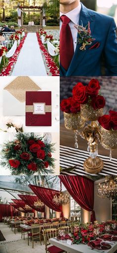 red and gold wedding theme with roses, greenery, chandelier