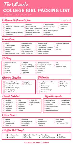 the ultimate college girl packing list is shown in red and white with pink trimmings