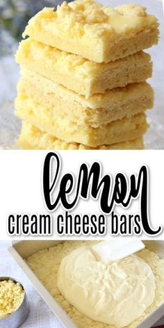 lemon cream cheese bars are stacked on top of each other and ready to be eaten