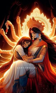 two women hugging each other in front of an image of the hindu god and goddess