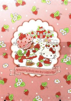 a hello kitty card with strawberries and strawberrys on it, in front of a pink background