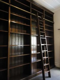 ladder leaning up against bookcases in an empty room