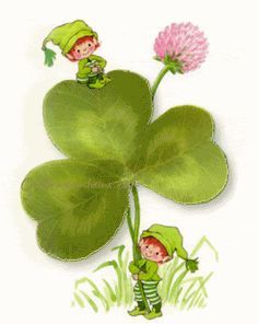 two little kids are standing next to a four - leaf clover with pink flowers on it