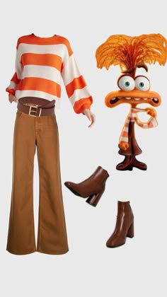 the muppet and miss piggy doll are dressed in brown pants, an orange striped sweater