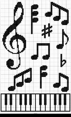 a cross stitch pattern with musical notes and piano keys in black and white, as well as music symbols