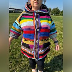 Crochet Hoodie/Coat With Pocket Colorful Size 16w 3/4 Sleeves Oversized Multicolor Hooded Outerwear, Crochet Hoodie, Crochet Coat, Crochet Inspo, Hoodie Coat, Black Gray, Black And Grey, Hand Crafted, Jackets & Coats