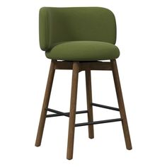 a green upholstered bar stool with wooden legs and backrests, viewed from the front