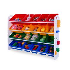 a toy shelf with several bins and toys on it's sides, all in different colors