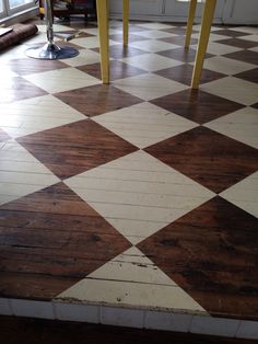 a kitchen floor that has been stained white and brown with an old checkerboard pattern