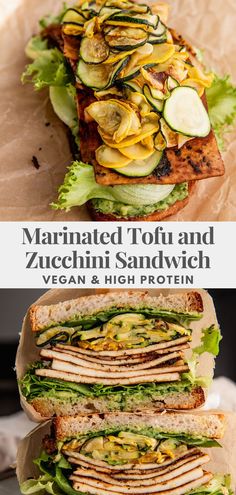 two sandwiches stacked on top of each other with the words marinated tofu and zucchini sandwich vegan and high protein