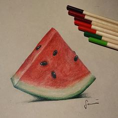 a drawing of a slice of watermelon next to colored pencils