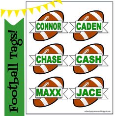 football themed name tags with the words, chase, cash, and jack on them