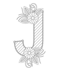 the letter j is decorated with flowers and leaves on a chain, outlined in black and white