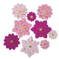 pink and purple paper flowers with gold glitter centers on white background, set of 6