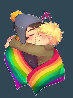 a boy hugging his friend on the back of a rainbow colored pillow with hearts above him