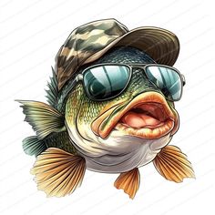 a cartoon fish with sunglasses and a hat on it's head, looking like he is