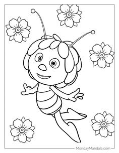 a coloring page with a cartoon character in the center and flowers around it, as well as