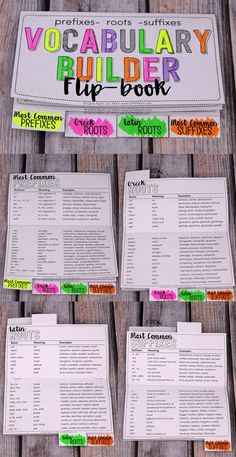 four different types of papers with words and pictures on them, all labeled in bright colors