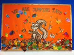 a bulletin board with an image of a squirrel on it and the words we are jumping into