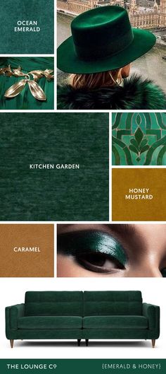 Colour Combinations - Emerald Green & Golden Honey. Interior Design green and gold palette inspiration. Greens Restaurant, Dark Emerald Green, Gold Color Combination, Gold Color Palettes, Perfect Sofa, Dark Green Aesthetic, Golden Honey, Beautiful Sofas, The Lounge