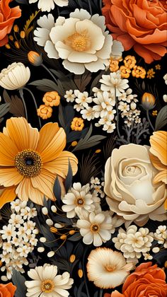 an orange and white flower pattern is shown on a black background, with yellow flowers in the foreground