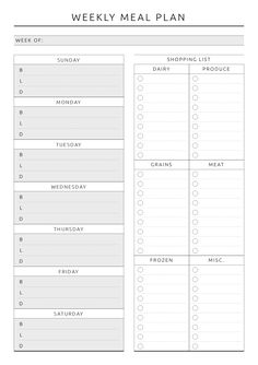 the printable meal planner is shown in black and white