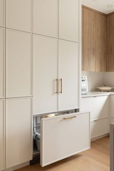 a kitchen with white cabinets and wood flooring is pictured in this image, there is a dishwasher on the left side of the cabinet