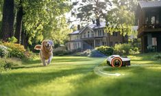 a dog running in the grass near a robotic lawn mower