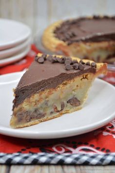 a slice of chocolate pie on a white plate