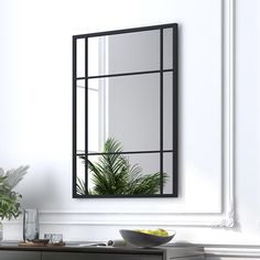 a mirror sitting on top of a dresser next to a plant