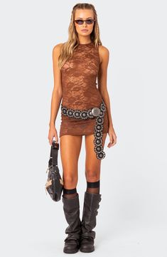 Date night is calling in this supersultry minidress crafted from sheer floral lace in a figure-hugging silhouette. Slips on over head Crewneck Sleeveless Sheer; base layer shown not included Unlined 95% polyester, 5% spandex Machine wash, dry flat Imported Rave Dress Outfits, Btv Outfits, Rave Inspo Outfits, Ootd Festival, Rave Bae, Coachella Fits, Cochella Outfits, Coachella Outfits, Festival Fits