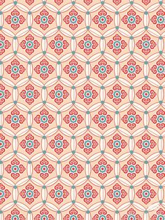 an abstract design in red, blue and white fabric with circles on the bottom half