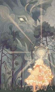 an illustration of a woman in a dress walking through the woods with her eyes open