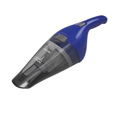 a blue and black vacuum cleaner on a white background with clippings to the side