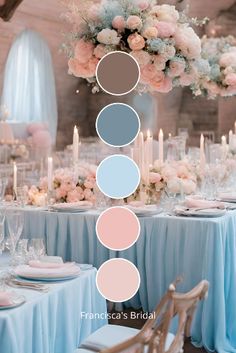 the table is set with blue, pink and white linens for an elegant wedding