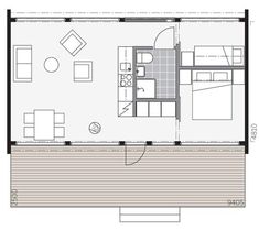 a floor plan for a small house with two beds and one living room in it