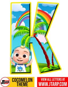 the letter k with an image of a cartoon character holding a palm tree and wearing headphones