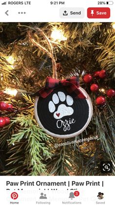 an ornament hanging from a christmas tree with a paw print and red berries