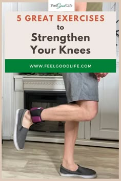 the legs and feet of a person in slippers with text overlay reading 5 great exercises to straighten your knees