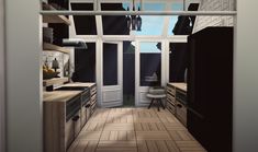 an artist's rendering of a narrow kitchen