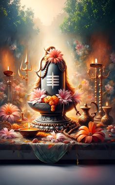 an artistic painting of a buddha statue surrounded by flowers and candles