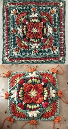 two crocheted granny afghans with flowers and leaves on them, one is green and the other is red