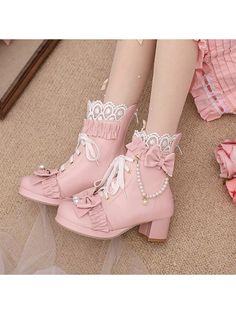 Fancy Boots, Elegant Pink Heeled Boots With Round Toe, Pink Platform Boots With Round Toe, Kawaii Boots, Pink Lace-up Platform Boots, Pink Kawaii Closed Toe Heels, Pink Kawaii Heels, Halloween Boots, Mid Heel Ankle Boots